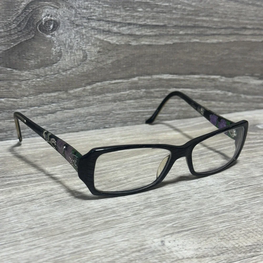 Leiber Black Floral Rectangular Eyeglasses Women‎ 52mm Handmade Italy Full Rim